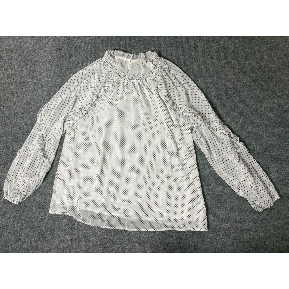 LOFT Top Womens Large White Small Black Polka Dots Sheer Long Sleeve Lined